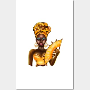 Queen Black is beautiful black girl with Gold headscarf, necklace, earrings, gold dress and head wrap, brown eyes and dark brown skin ! Posters and Art